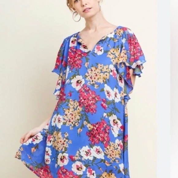 Umgee USA Women's Blue Floral‎ Split V-Neck Flutter Sleeve Dress Size M NWT - Picture 5 of 8